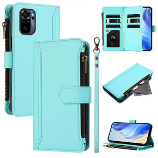 For Redmi Note 10 4G / Note 10S / Poco M5s Magnetic Closure 9 Card Slots Zipper Leather Case with Hand Strap(Mint Green)