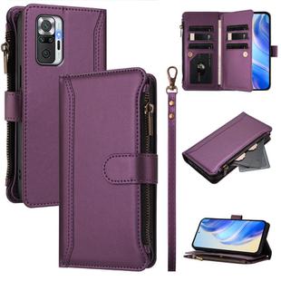 For Redmi Note 10 Pro / Note 10 Pro Max Magnetic Closure 9 Card Slots Zipper Leather Case with Hand Strap(Purple)
