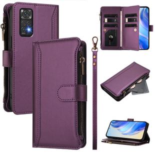 For Redmi Note 11 / 11S 4G / 12S 4G Magnetic Closure 9 Card Slots Zipper Leather Case with Hand Strap(Purple)