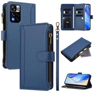 For Redmi Note 11 Pro+ 5G EU / Poco X4 NFC Magnetic Closure 9 Card Slots Zipper Leather Case with Hand Strap(Dark Blue)