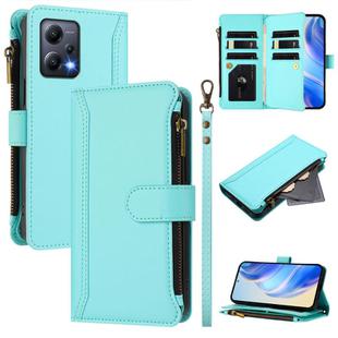 For Redmi Note 12 5G Global / Poco X5 Magnetic Closure 9 Card Slots Zipper Leather Case with Hand Strap(Mint Green)