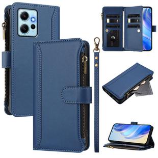 For Redmi Note 12 4G Global Magnetic Closure 9 Card Slots Zipper Leather Case with Hand Strap(Dark Blue)