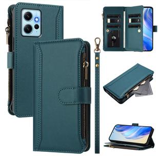 For Redmi Note 12 4G Global Magnetic Closure 9 Card Slots Zipper Leather Case with Hand Strap(Dark Green)