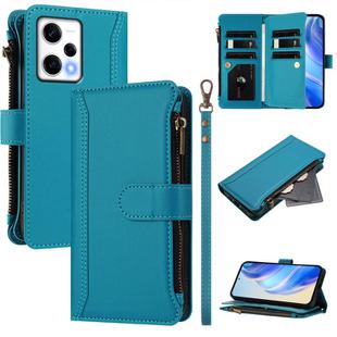 For Redmi Note 12 Pro 5G Global / Poco X5 Pro Magnetic Closure 9 Card Slots Zipper Leather Case with Hand Strap(Turquoise)