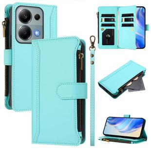 For Redmi Note 13 Pro 4G / Poco M6 Pro 4G Magnetic Closure 9 Card Slots Zipper Leather Case with Hand Strap(Mint Green)