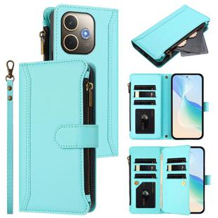 For OPPO A5 Pro 5G Global / A5 Pro 4G Global Magnetic Closure 9 Card Slots Zipper Leather Case with Hand Strap(Mint Green)