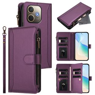 For OPPO A5 Pro 5G Global / A5 Pro 4G Global Magnetic Closure 9 Card Slots Zipper Leather Case with Hand Strap(Purple)