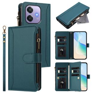 For OPPO A3 4G Global / A60 5G Global Magnetic Closure 9 Card Slots Zipper Leather Case with Hand Strap(Dark Green)