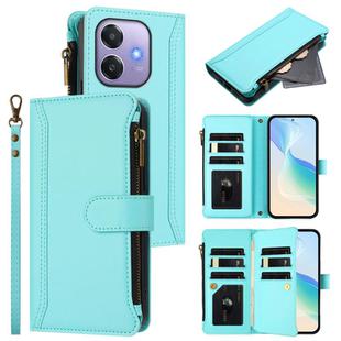 For OPPO A3 4G Global / A60 5G Global Magnetic Closure 9 Card Slots Zipper Leather Case with Hand Strap(Mint Green)