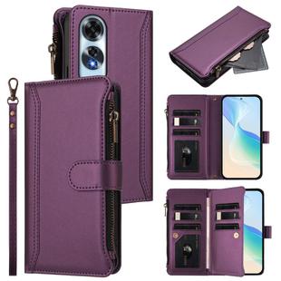 For OPPO A60 4G Global Magnetic Closure 9 Card Slots Zipper Leather Case with Hand Strap(Purple)