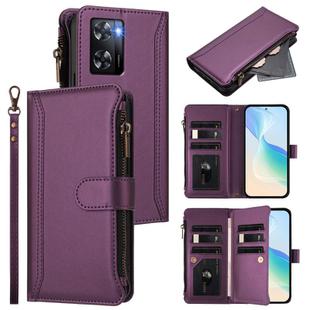 For OPPO A57 4G Global / A77 4G Global Magnetic Closure 9 Card Slots Zipper Leather Case with Hand Strap(Purple)