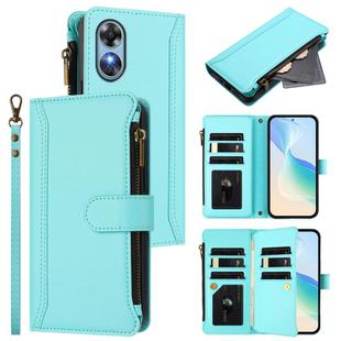For OPPO A17 4G Global / A17K Magnetic Closure 9 Card Slots Zipper Leather Case with Hand Strap(Mint Green)