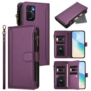 For OPPO A36 4G / A76 4G / A96 4G Magnetic Closure 9 Card Slots Zipper Leather Case with Hand Strap(Purple)