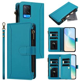 For OPPO A56 5G / A55 5G / A54 4G Magnetic Closure 9 Card Slots Zipper Leather Case with Hand Strap(Turquoise)