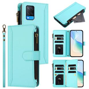 For OPPO A56 5G / A55 5G / A54 4G Magnetic Closure 9 Card Slots Zipper Leather Case with Hand Strap(Mint Green)