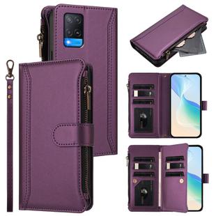 For OPPO A56 5G / A55 5G / A54 4G Magnetic Closure 9 Card Slots Zipper Leather Case with Hand Strap(Purple)