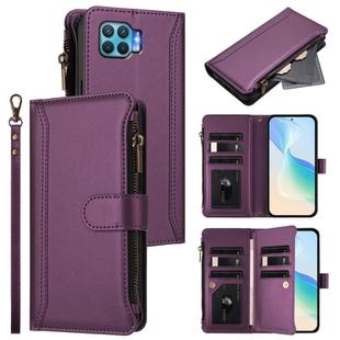 For OPPO A93 4G 2020 Global / F17 Pro Magnetic Closure 9 Card Slots Zipper Leather Case with Hand Strap(Purple)