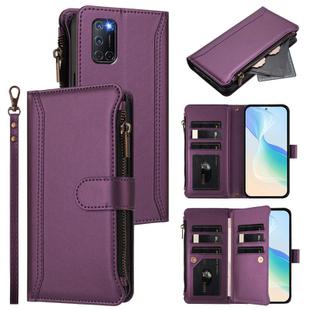 For OPPO A72 / A52 / A92 4G Magnetic Closure 9 Card Slots Zipper Leather Case with Hand Strap(Purple)