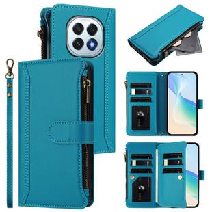 For OPPO F29 5G Global Magnetic Closure 9 Card Slots Zipper Leather Case with Hand Strap(Turquoise)