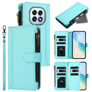 For OPPO F29 5G Global Magnetic Closure 9 Card Slots Zipper Leather Case with Hand Strap(Mint Green)