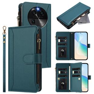 For OPPO Find X6 5G Global Magnetic Closure 9 Card Slots Zipper Leather Case with Hand Strap(Dark Green)