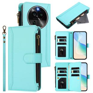 For OPPO Find X6 Pro 5G Global Magnetic Closure 9 Card Slots Zipper Leather Case with Hand Strap(Mint Green)