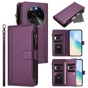 For OPPO Find X6 Pro 5G Global Magnetic Closure 9 Card Slots Zipper Leather Case with Hand Strap(Purple)