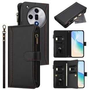 For OPPO Find X7 Magnetic Closure 9 Card Slots Zipper Leather Case with Hand Strap(Black)