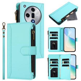 For OPPO Find X7 Magnetic Closure 9 Card Slots Zipper Leather Case with Hand Strap(Mint Green)