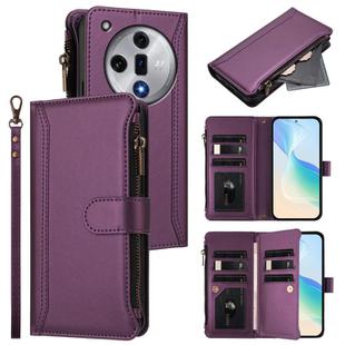 For OPPO Find X7 Magnetic Closure 9 Card Slots Zipper Leather Case with Hand Strap(Purple)