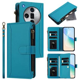 For OPPO Find X7 Ultra Magnetic Closure 9 Card Slots Zipper Leather Case with Hand Strap(Turquoise)