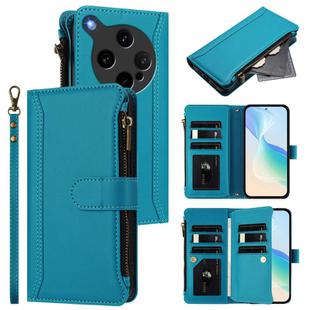 For OPPO Find X8 Ultra 5G Magnetic Closure 9 Card Slots Zipper Leather Case with Hand Strap(Turquoise)