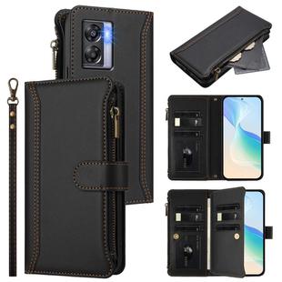 For OPPO K10 5G Global / A77 5G / A97 5G Magnetic Closure 9 Card Slots Zipper Leather Case with Hand Strap(Black)