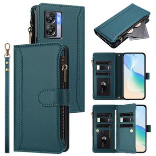 For OPPO K10 5G Global / A77 5G / A97 5G Magnetic Closure 9 Card Slots Zipper Leather Case with Hand Strap(Dark Green)