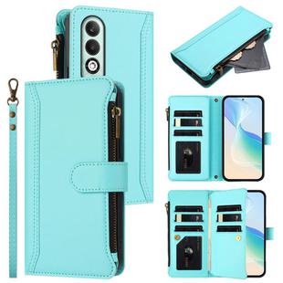 For OPPO K12X 5G Global Magnetic Closure 9 Card Slots Zipper Leather Case with Hand Strap(Mint Green)