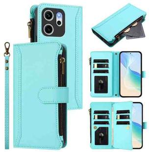 For OPPO Reno14 F 5G Magnetic Closure 9 Card Slots Zipper Leather Case with Hand Strap(Mint Green)