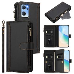 For OPPO Reno7 5G Global / Find X5 Lite Magnetic Closure 9 Card Slots Zipper Leather Case with Hand Strap(Black)