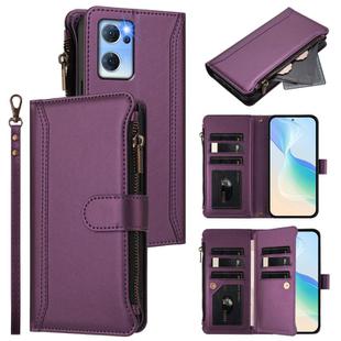 For OPPO Reno7 5G Global / Find X5 Lite Magnetic Closure 9 Card Slots Zipper Leather Case with Hand Strap(Purple)