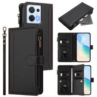 For OPPO Reno8 5G Global Magnetic Closure 9 Card Slots Zipper Leather Case with Hand Strap(Black)