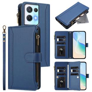 For OPPO Reno8 Pro 5G Magnetic Closure 9 Card Slots Zipper Leather Case with Hand Strap(Dark Blue)