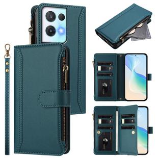 For OPPO Reno8 Pro 5G Magnetic Closure 9 Card Slots Zipper Leather Case with Hand Strap(Dark Green)