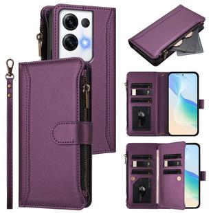 For OPPO Reno8 Pro+ 5G Magnetic Closure 9 Card Slots Zipper Leather Case with Hand Strap(Purple)