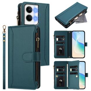 For OPPO Reno9 5G / 9 Pro 5G Magnetic Closure 9 Card Slots Zipper Leather Case with Hand Strap(Dark Green)
