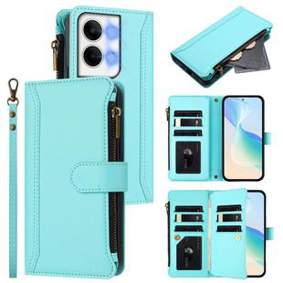 For OPPO Reno9 5G / 9 Pro 5G Magnetic Closure 9 Card Slots Zipper Leather Case with Hand Strap(Mint Green)