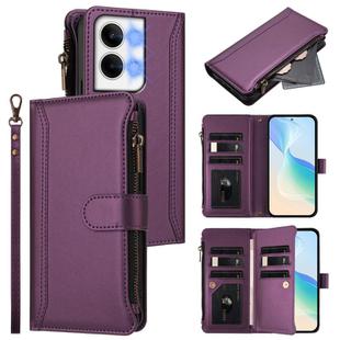 For OPPO Reno9 5G / 9 Pro 5G Magnetic Closure 9 Card Slots Zipper Leather Case with Hand Strap(Purple)