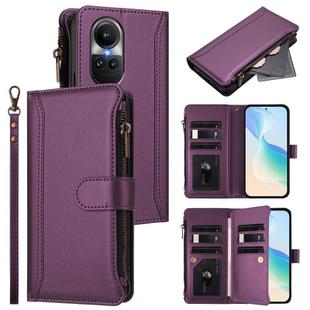 For OPPO Reno10 Global / Reno10 Pro Global Magnetic Closure 9 Card Slots Zipper Leather Case with Hand Strap(Purple)