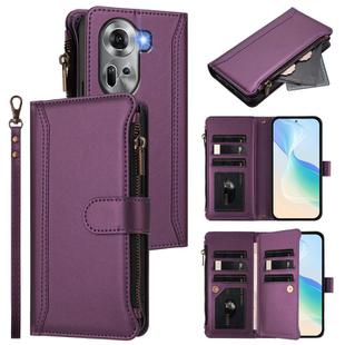 For OPPO Reno11 5G Global Magnetic Closure 9 Card Slots Zipper Leather Case with Hand Strap(Purple)