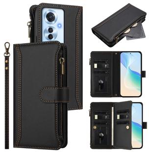 For OPPO Reno11 F 5G Global Magnetic Closure 9 Card Slots Zipper Leather Case with Hand Strap(Black)