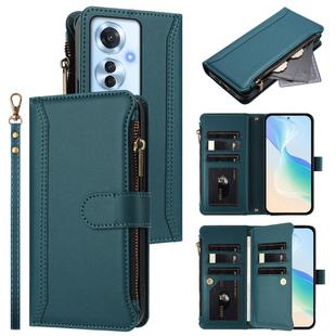 For OPPO Reno11 F 5G Global Magnetic Closure 9 Card Slots Zipper Leather Case with Hand Strap(Dark Green)