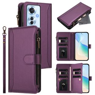 For OPPO Reno11 F 5G Global Magnetic Closure 9 Card Slots Zipper Leather Case with Hand Strap(Purple)